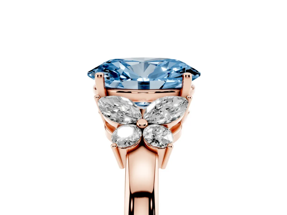 Fancy Blue Oval Cut Cut Solitaire Floral Diamond Ring with Four-Prong Setting Rose gold