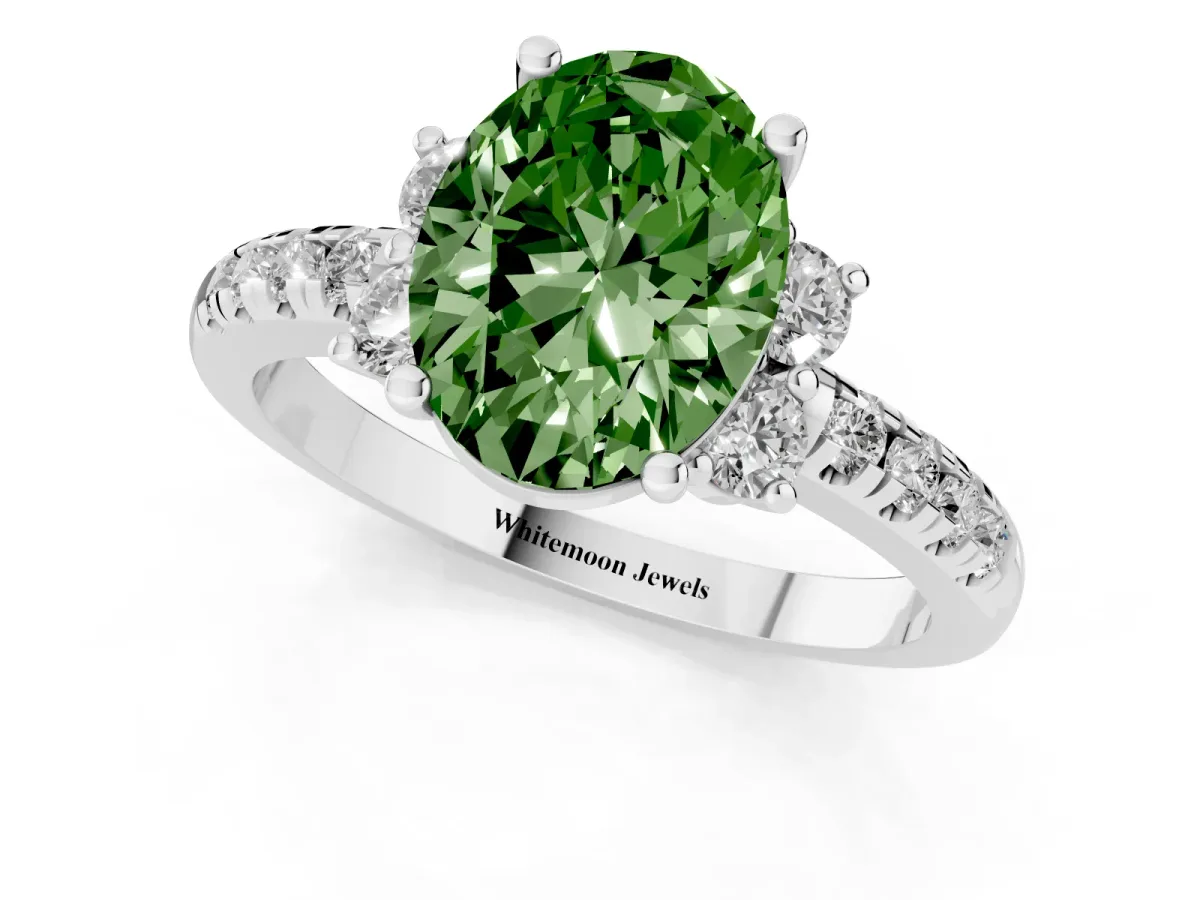 Fancy Green Oval Cut Diamond Three-Stone Pave Band with Four-Prong Setting Platinum