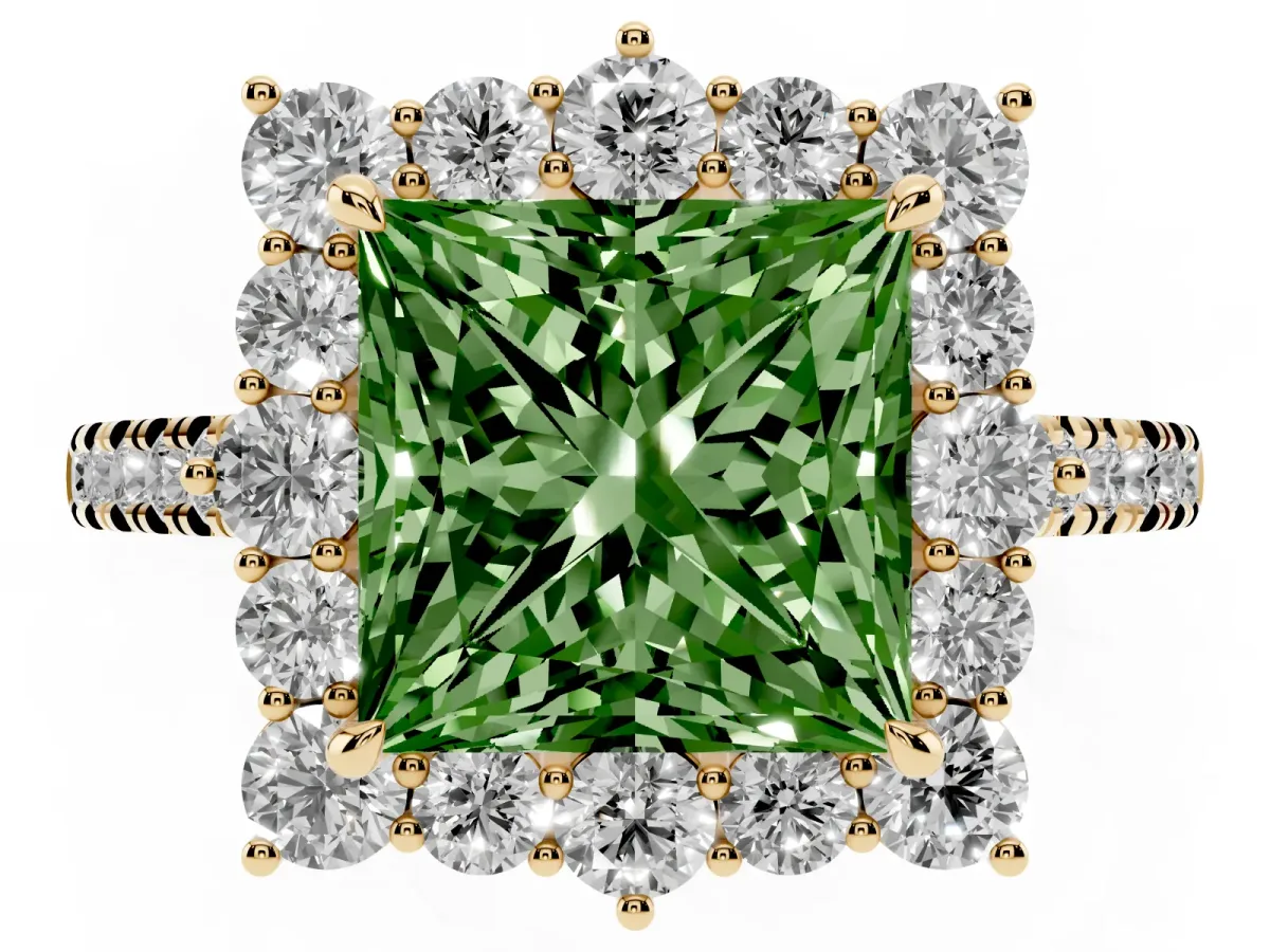 Fancy Green Princess Cut Halo Diamond Ring with Pavé Band and Prong Setting Yellow gold