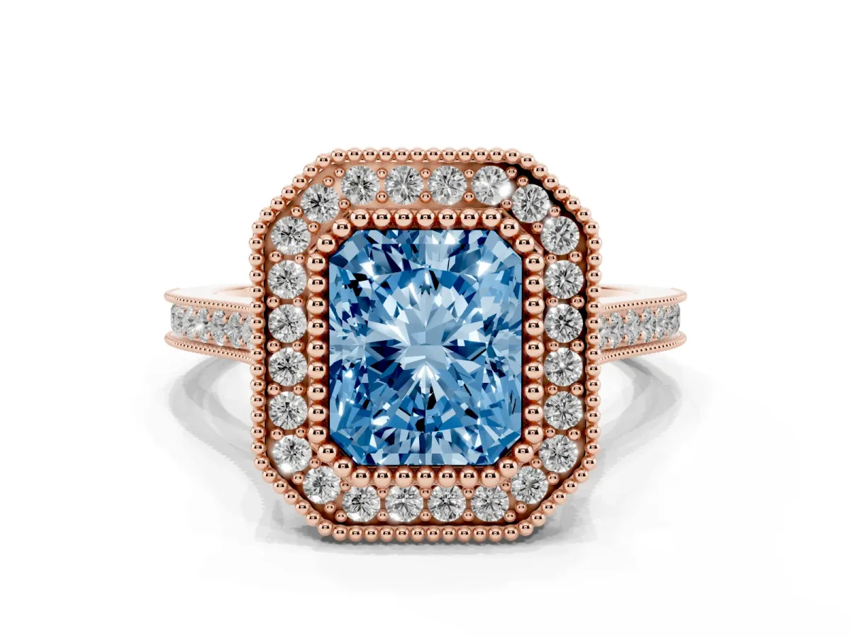 Fancy Blue Radiant Cut Diamond Halo Ring with Milgrain Frame and Pavé Band Rose gold