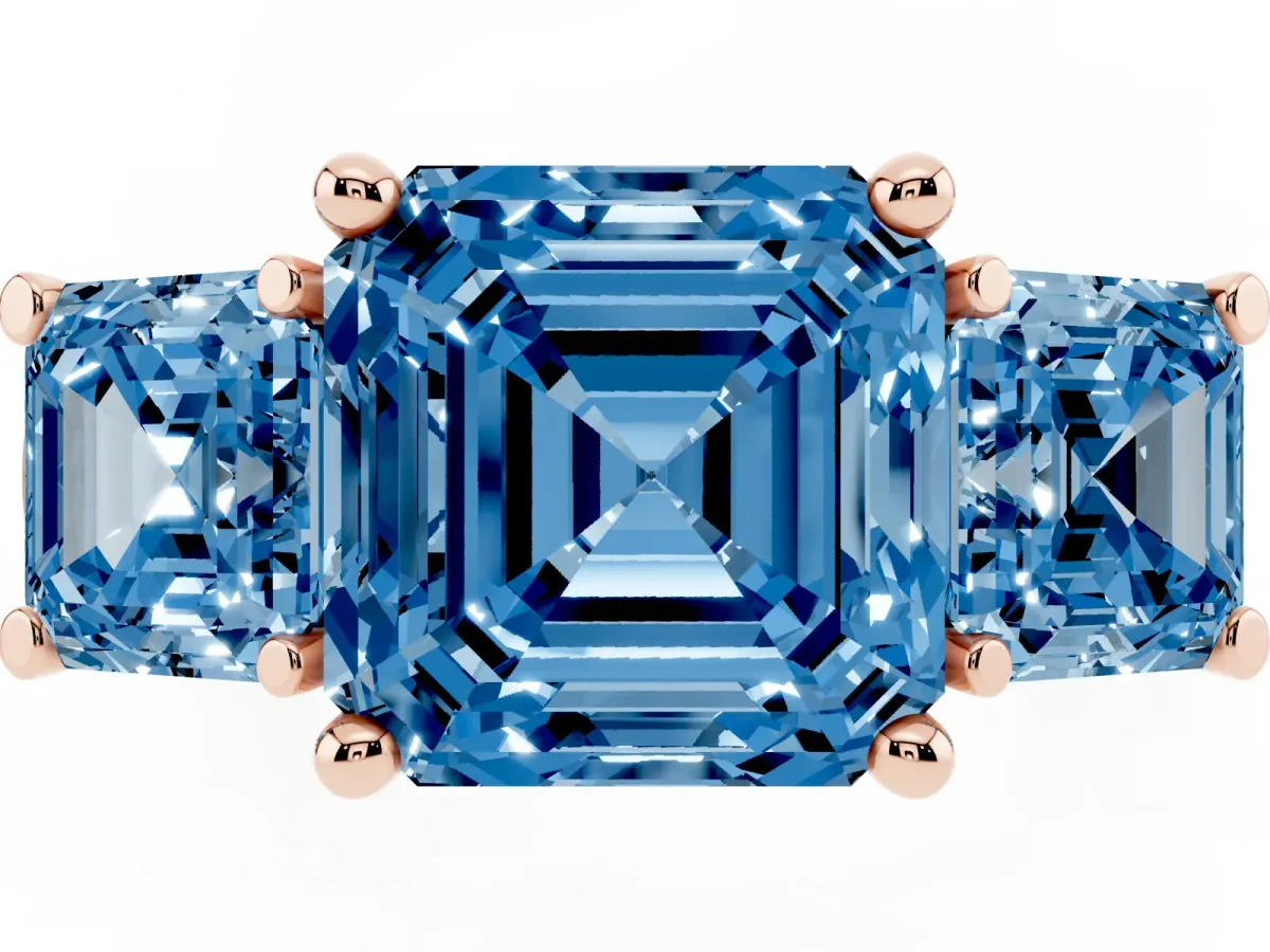Fancy Blue Three-Stone Asscher Cut Brilliant Diamond Trellis Ring with Comfort Fit Band Rose gold