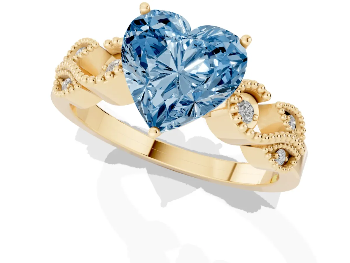 Fancy Blue Heart Cut Solitaire Milgrain Leaf Band with Prong Setting Yellow gold