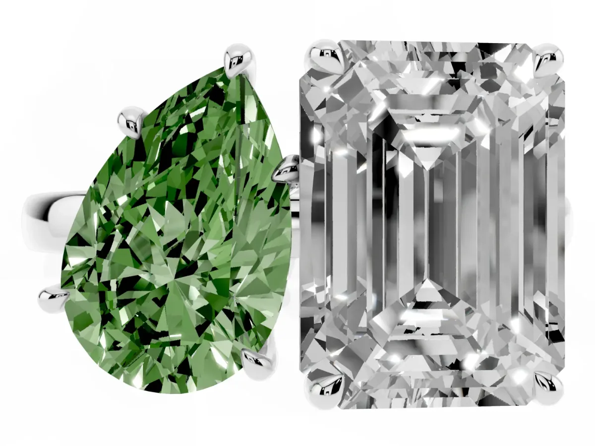 Fancy Green Pear Cut and Emerald Cut Toi Moi Ring with Prong Setting Platinum