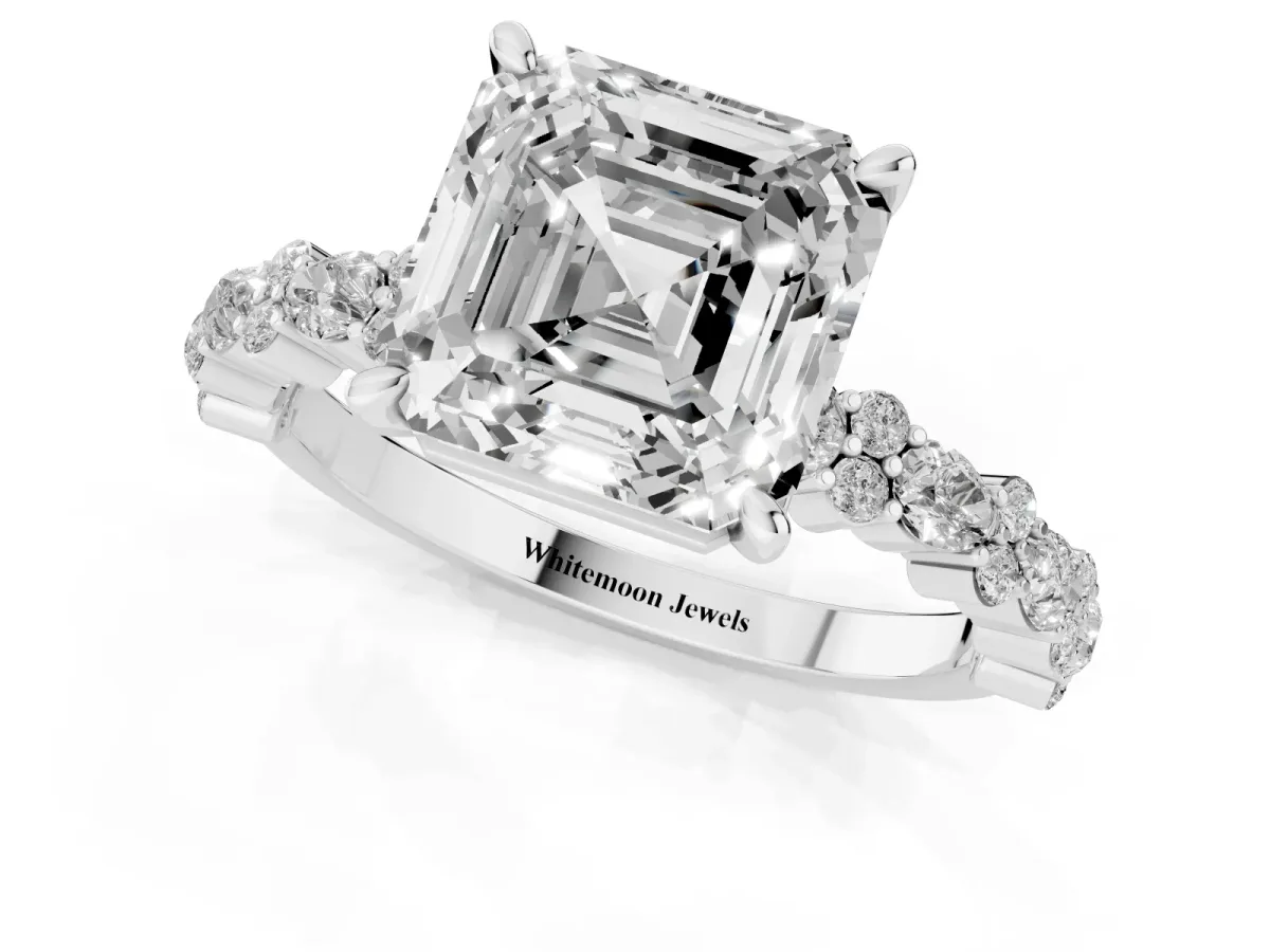 Asscher Cut Diamond Side Stone Solitaire Ring with Round and Four-Prong Setting Silver