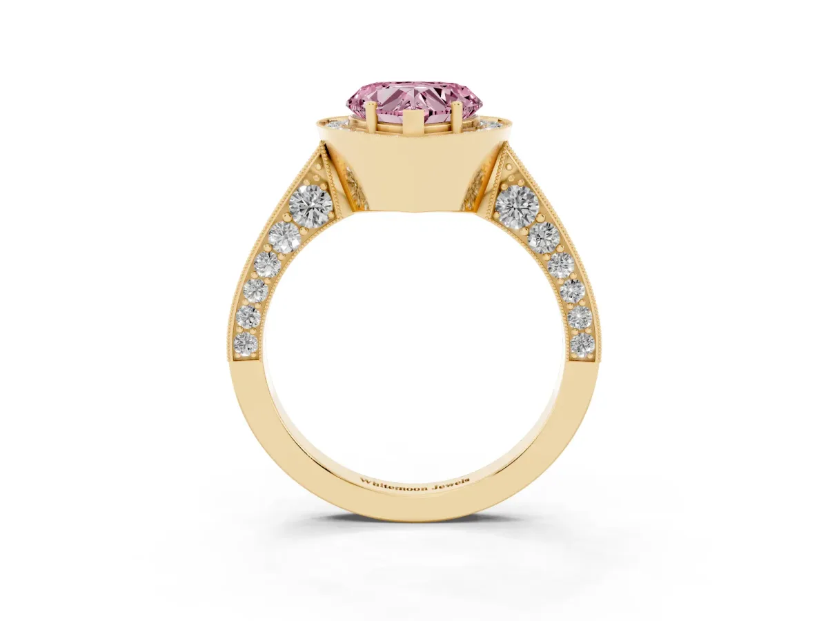Fancy Pink Heart Cut Halo Diamond Engagement Ring with Split Shank Band and Four-Prong Setting Yellow gold