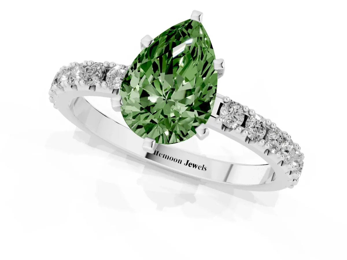 Fancy Green Pear Cut Diamond Solitaire Pavé Band with Four-Prong Setting Silver