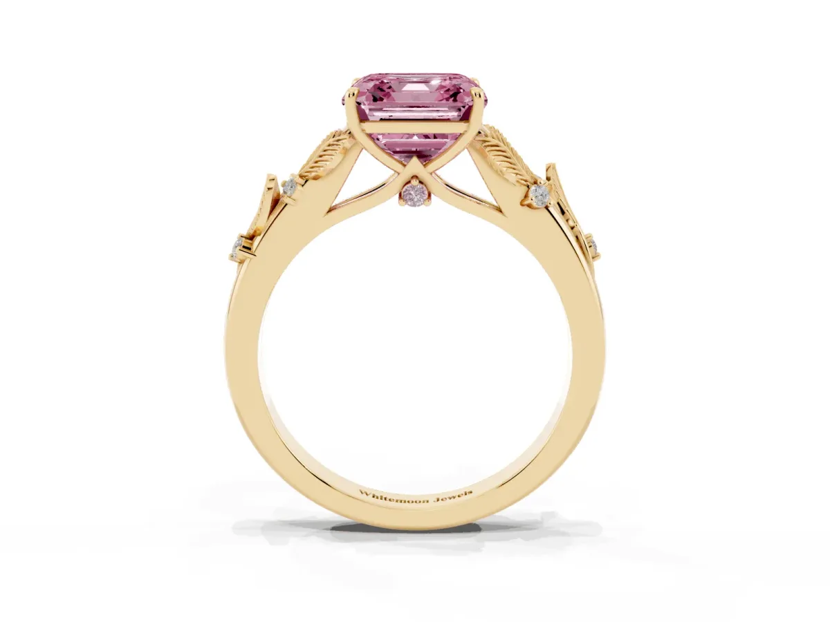 Fancy Pink Asscher Cut Diamond Solitaire Ring with Leaf Motif Band and Four-Prong Setting Yellow gold