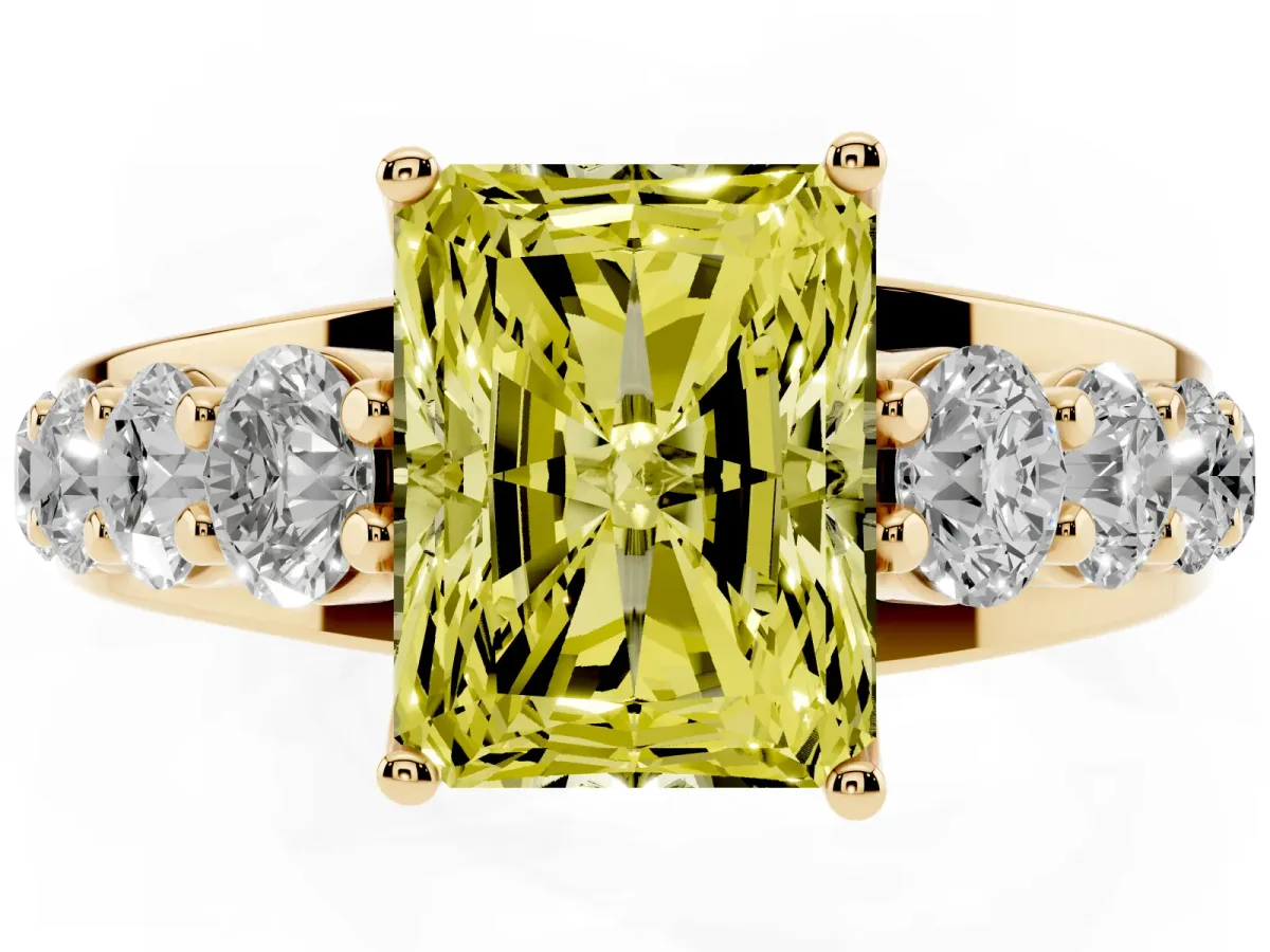 Fancy Yellow Radiant Cut Diamond Engagement Ring with Pavé Band and Four-Prong Setting Yellow gold
