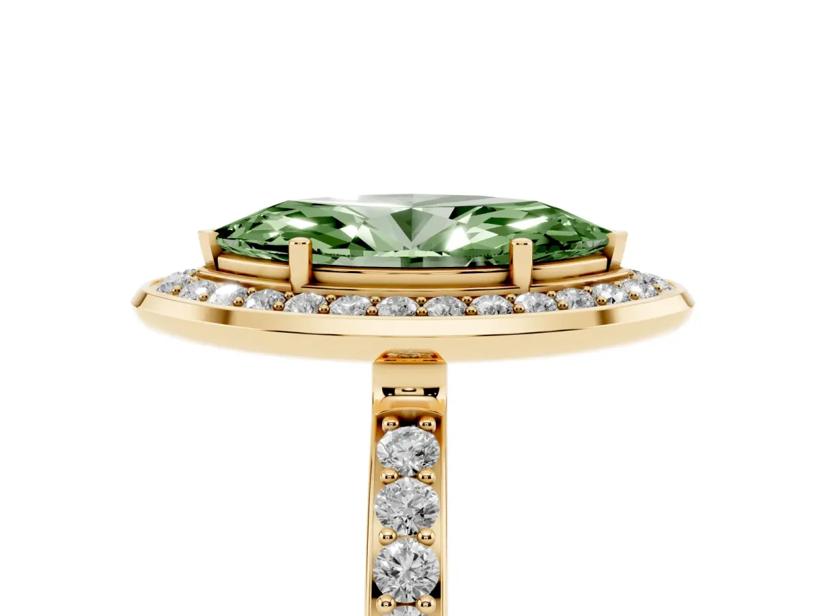 Fancy Green Marquise Cut Diamond Halo Ring with Bezel Frame and Pavé Band Yellow gold