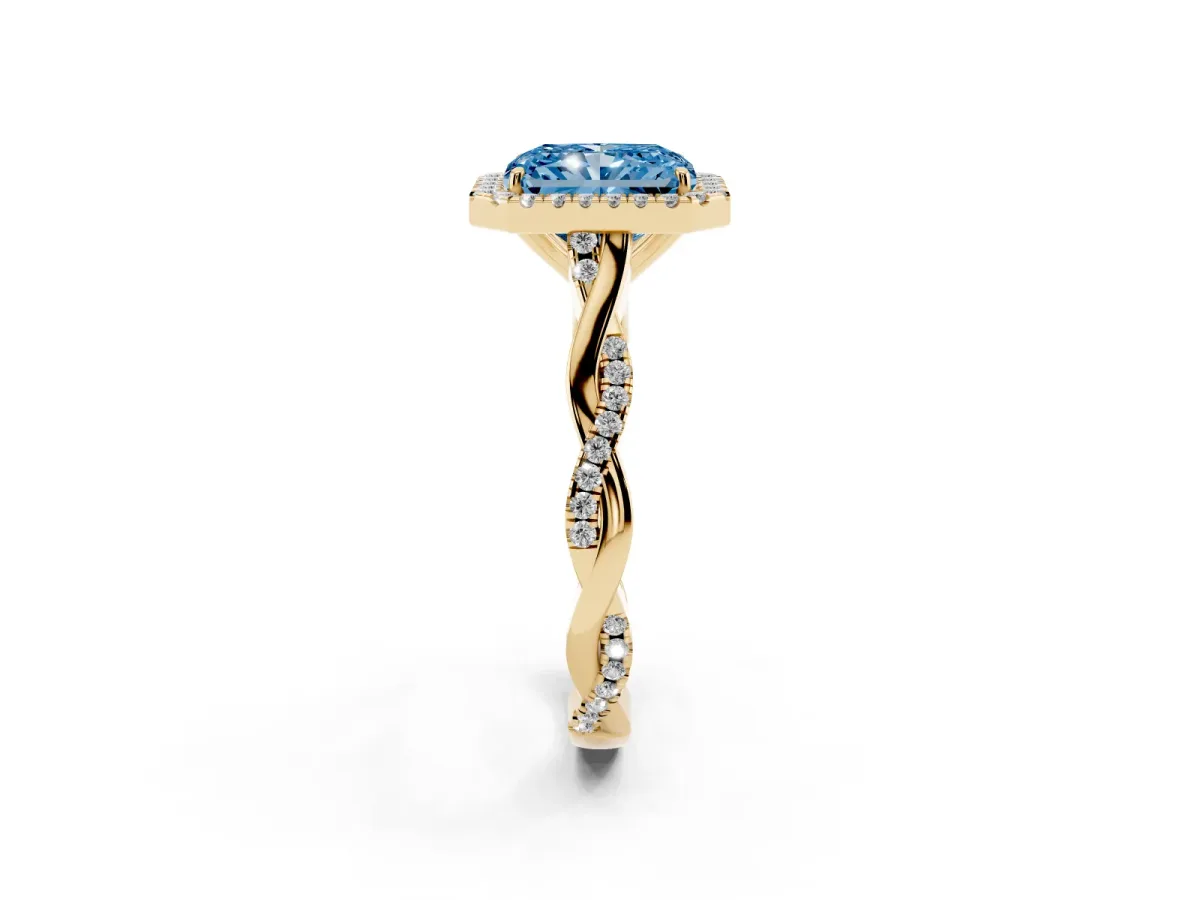 Fancy Blue Radiant Cut Halo Twist Band Solitaire Ring Yellow gold