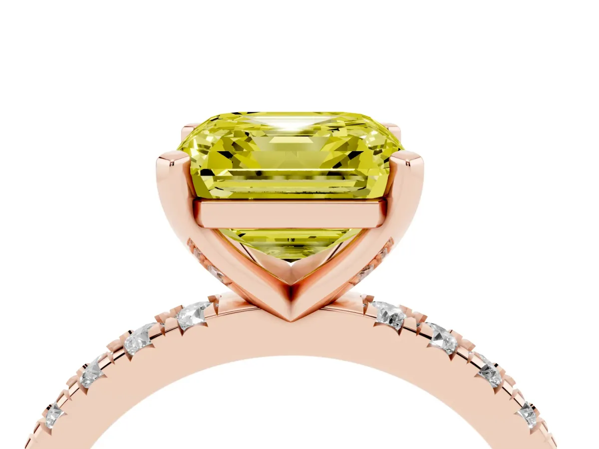 Fancy Yellow Asscher Cut Diamond Pavé Band Solitaire with Four-Prong Setting Rose gold