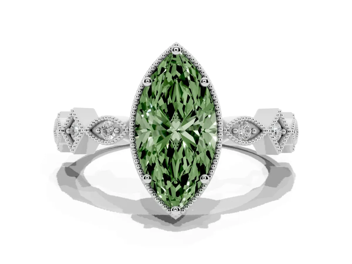 Fancy Green Marquise Cut Milgrain Marquise Diamond Twist Band Ring Silver