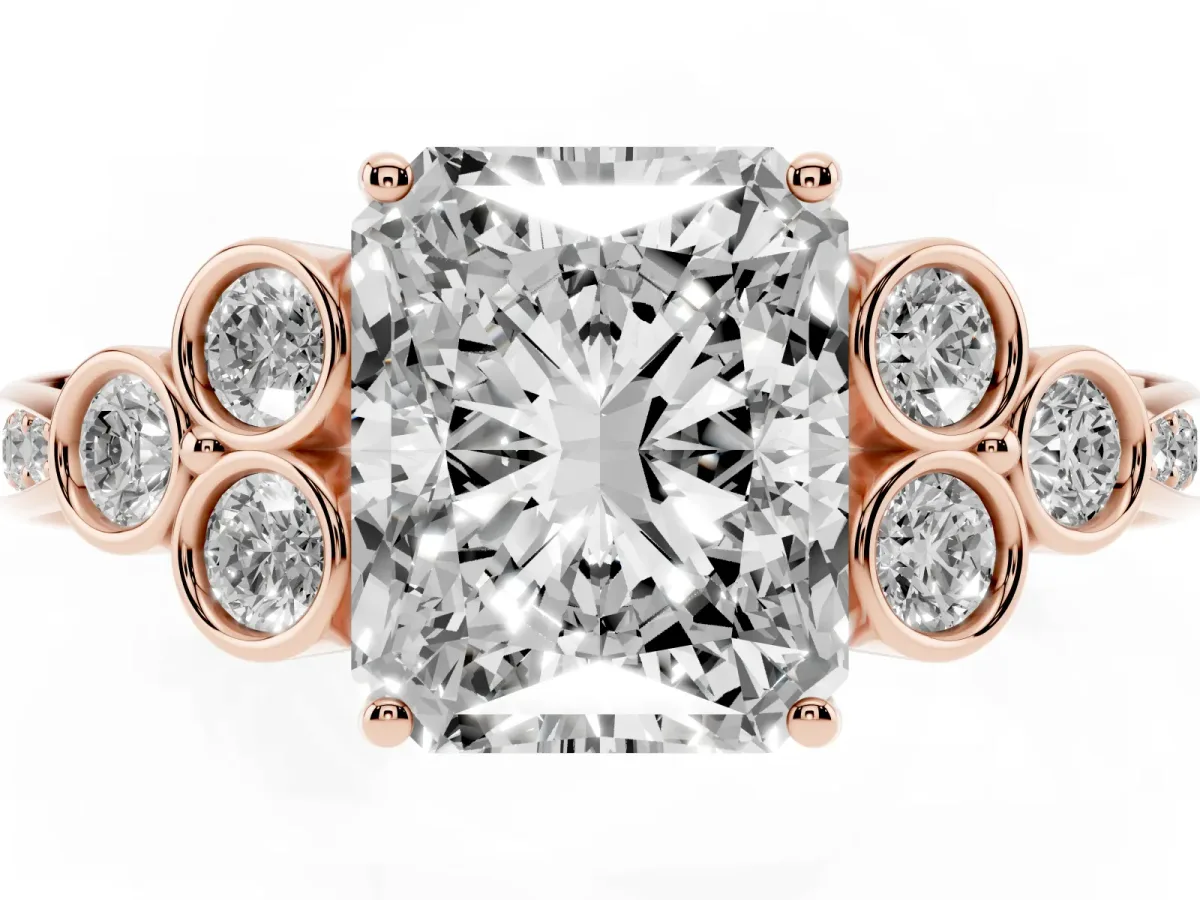 Radiant Cut Cut Diamond Engagement Ring with Bezel Set Round Side Stones and Prong Setting Rose gold