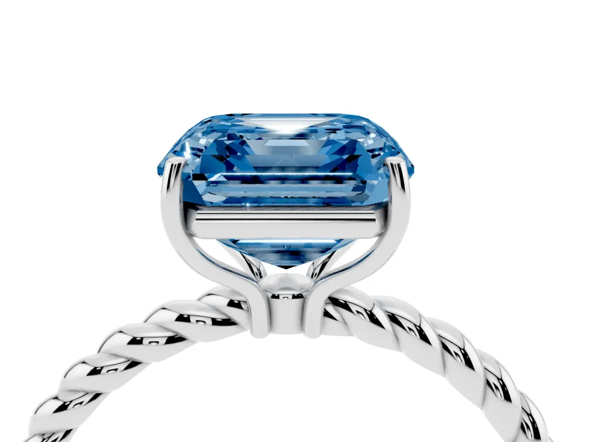 Fancy Blue Asscher Cut Solitaire Twisted Band 4-Prong Ring Silver