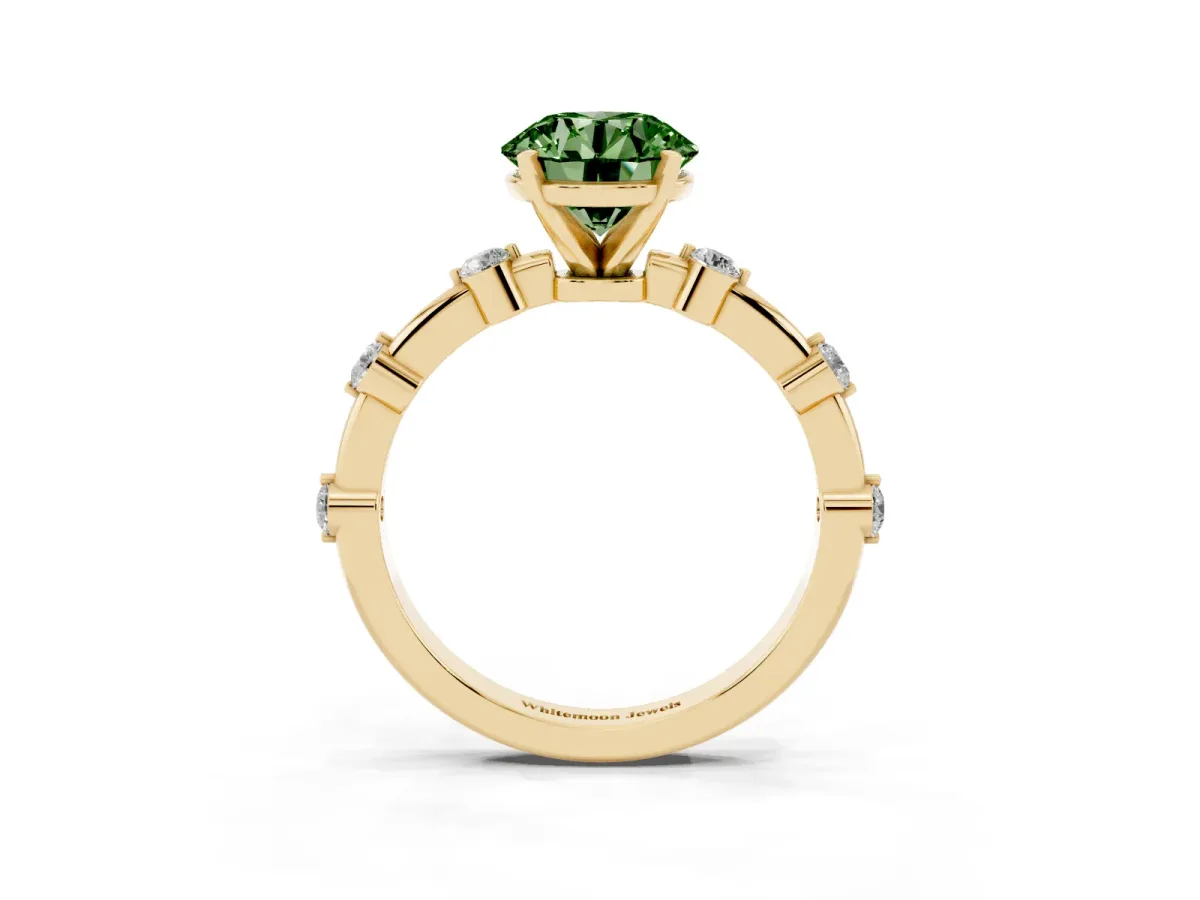 Fancy Green Round Cut Solitaire Diamond Ring with Bezel Set Side Stones and Prong Setting Yellow gold
