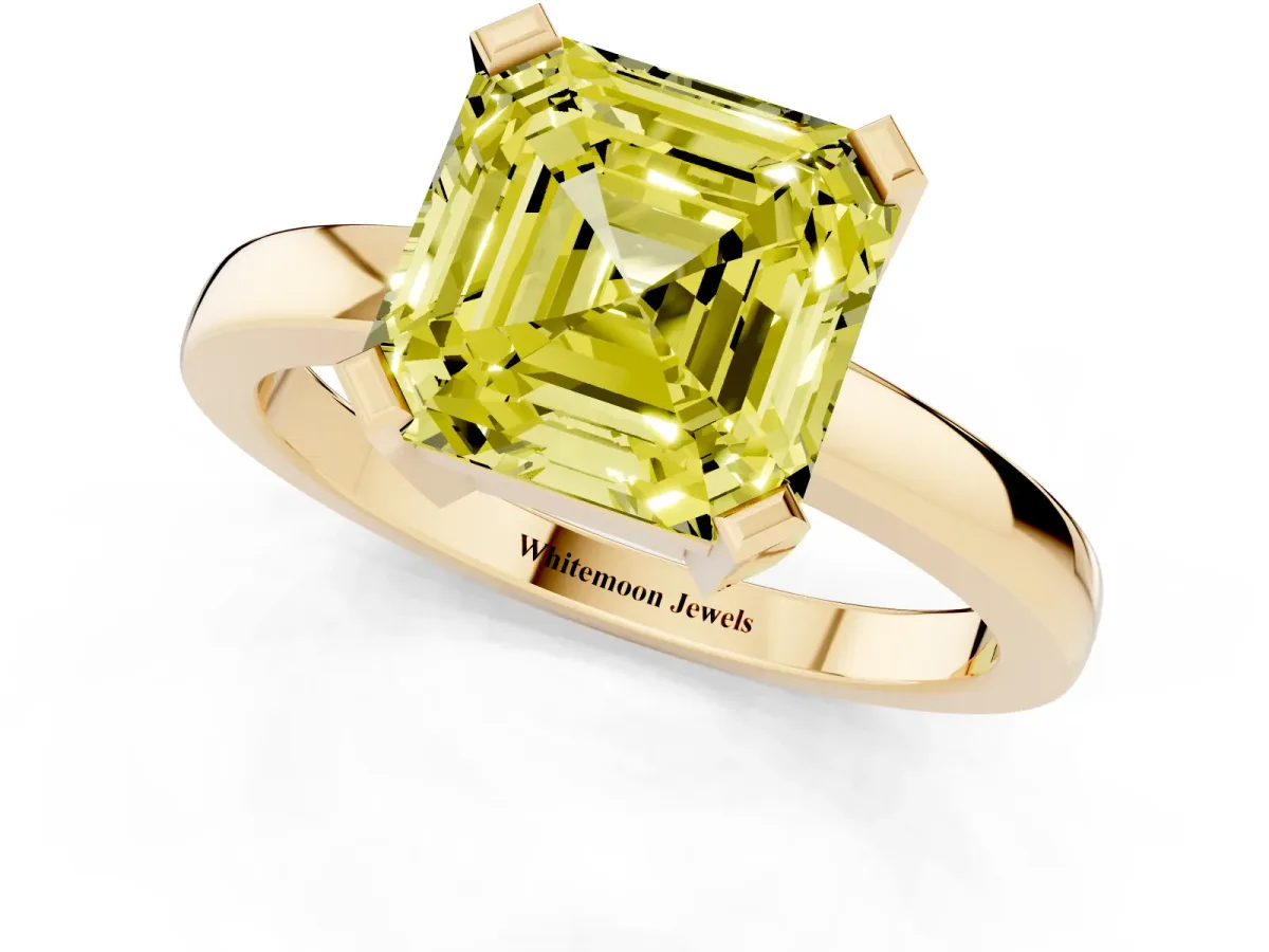 Fancy Yellow Asscher Cut Cut Solitaire Ring with Four-Prong Setting and Classic Band Yellow gold