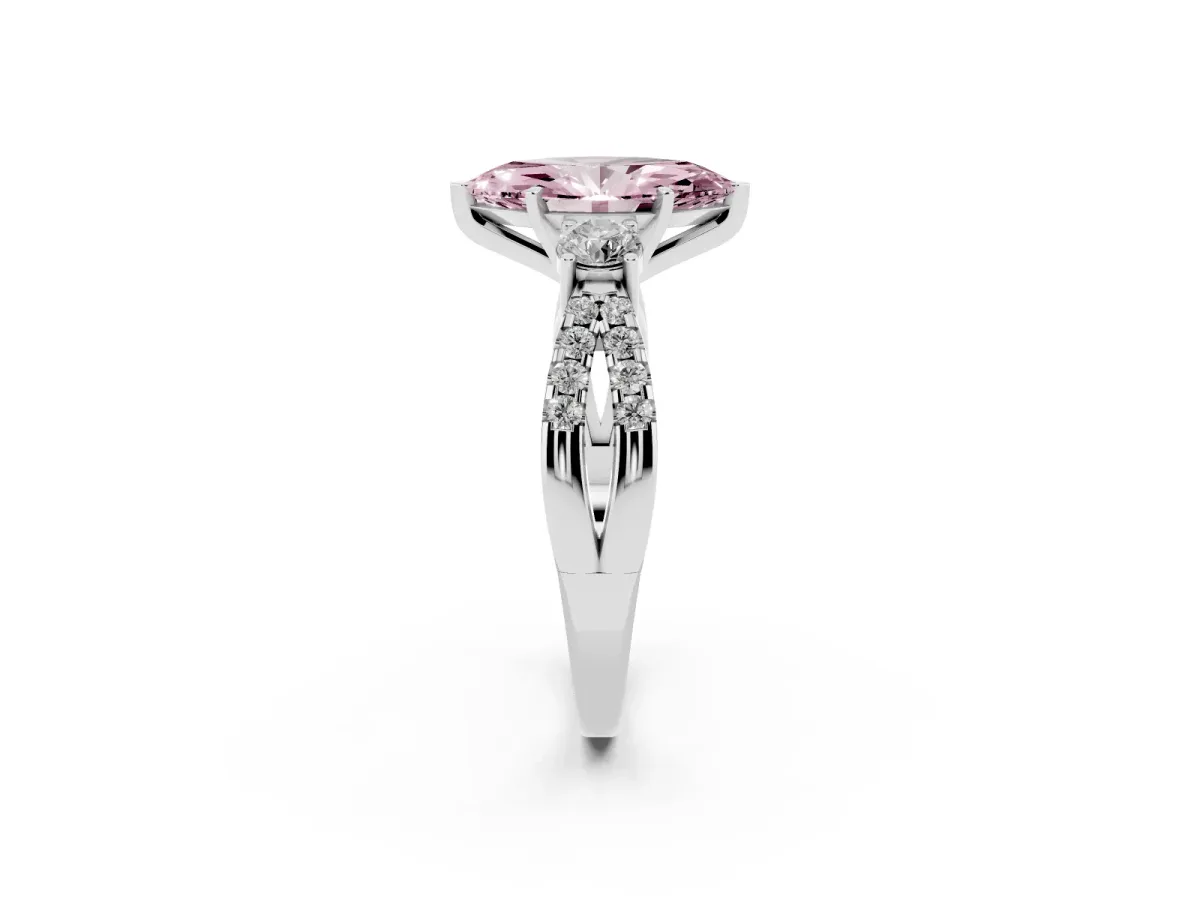 Fancy Pink Marquise Cut Diamond Three-Stone Ring with Pavé Split Shank and Four-Prong Setting Silver