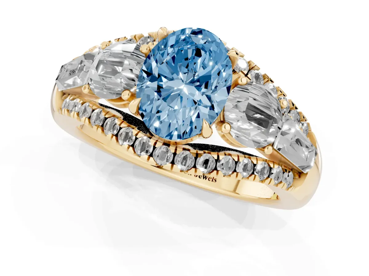 Fancy Blue Three-Stone Oval Cut Diamond Engagement Ring with Pave Band and Prong Setting Yellow gold