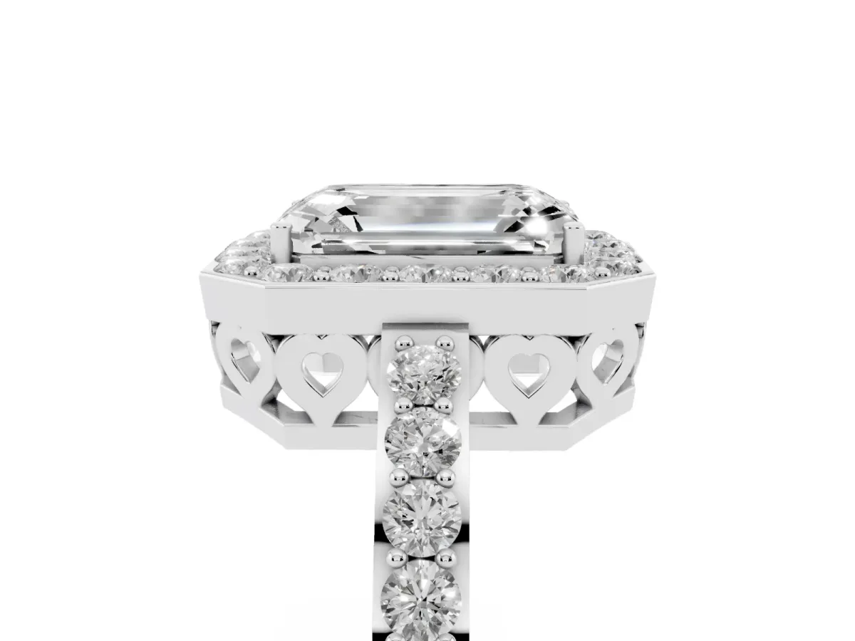 Emerald Cut Halo Diamond Pavé Band Ring with Prong Setting Platinum