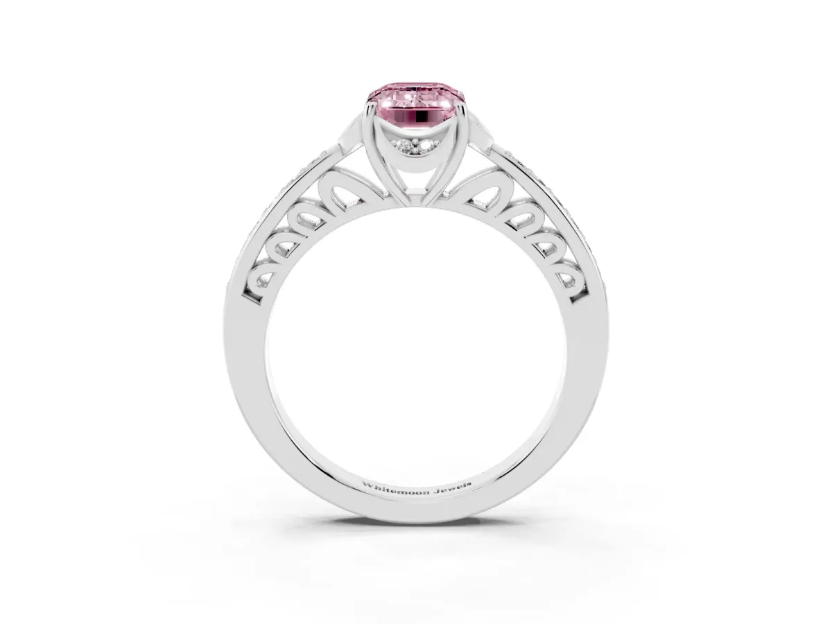 Fancy Pink Emerald Cut Cut Halo Diamond Ring with Channel Set Band and Four-Prong Setting White gold