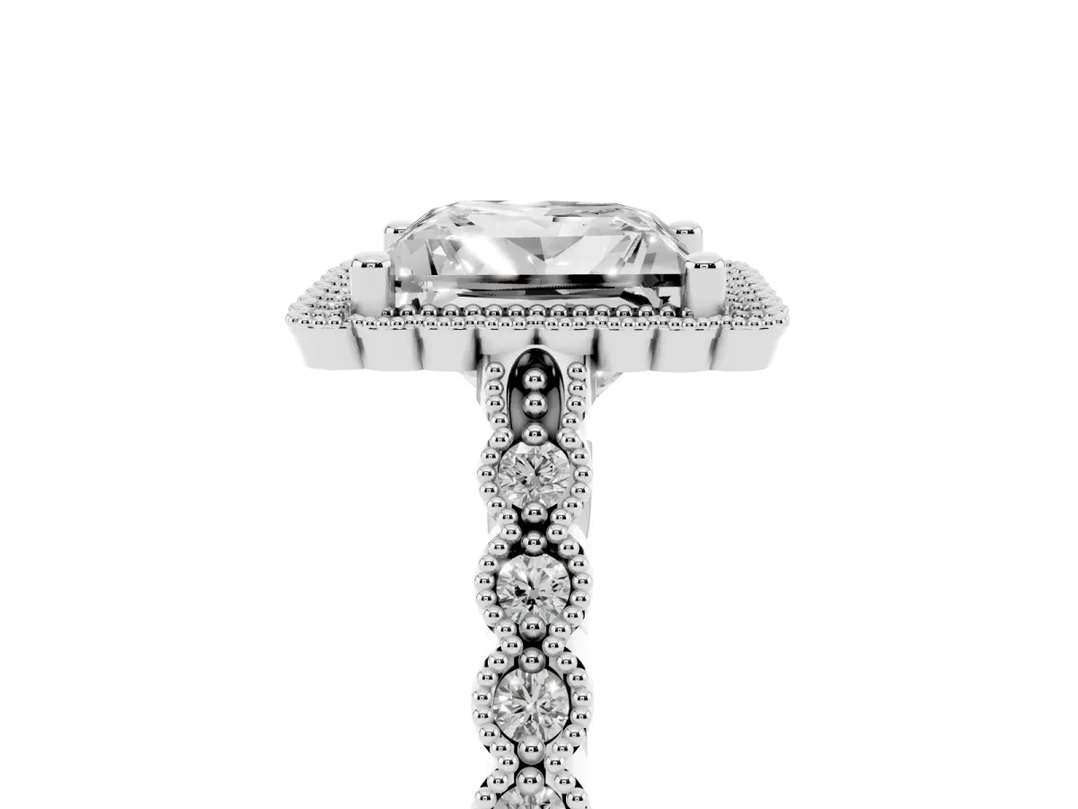 Princess Cut Cut Halo Pavé Solitaire Ring with Milgrain Band Platinum