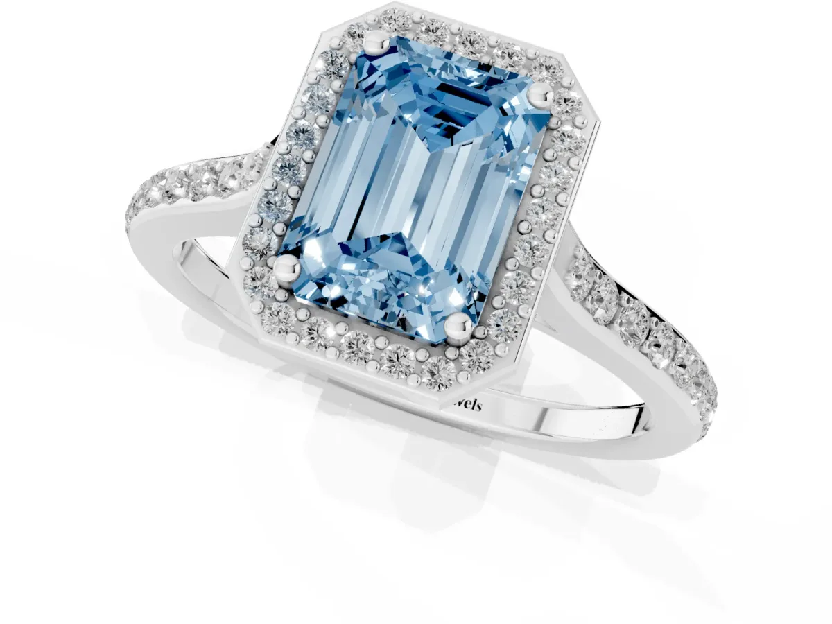 Fancy Blue Emerald Cut Diamond Halo Engagement Ring with Round Pavé Shoulders and Prong Setting Platinum