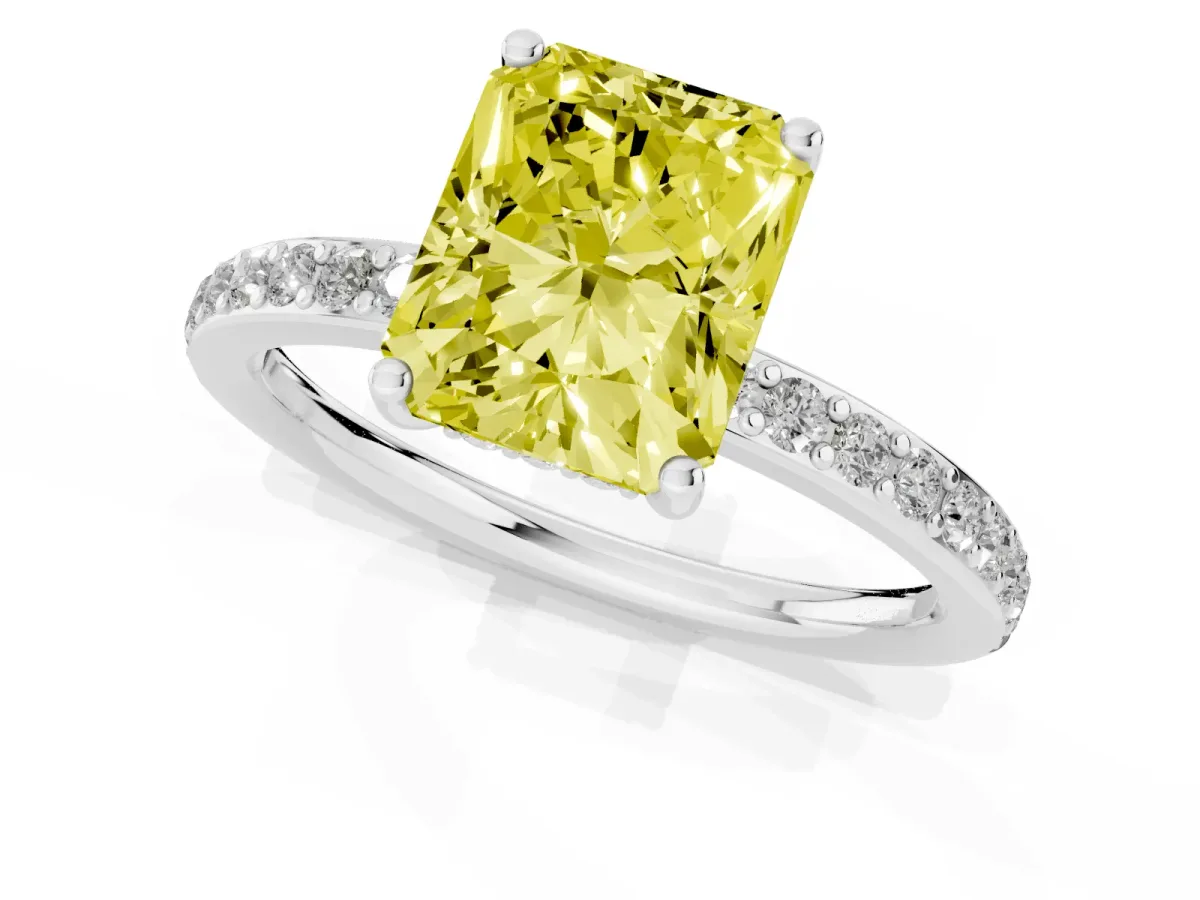 Fancy Yellow Radiant Cut Cut Diamond Pavé Band Ring with Four-Prong Setting Silver