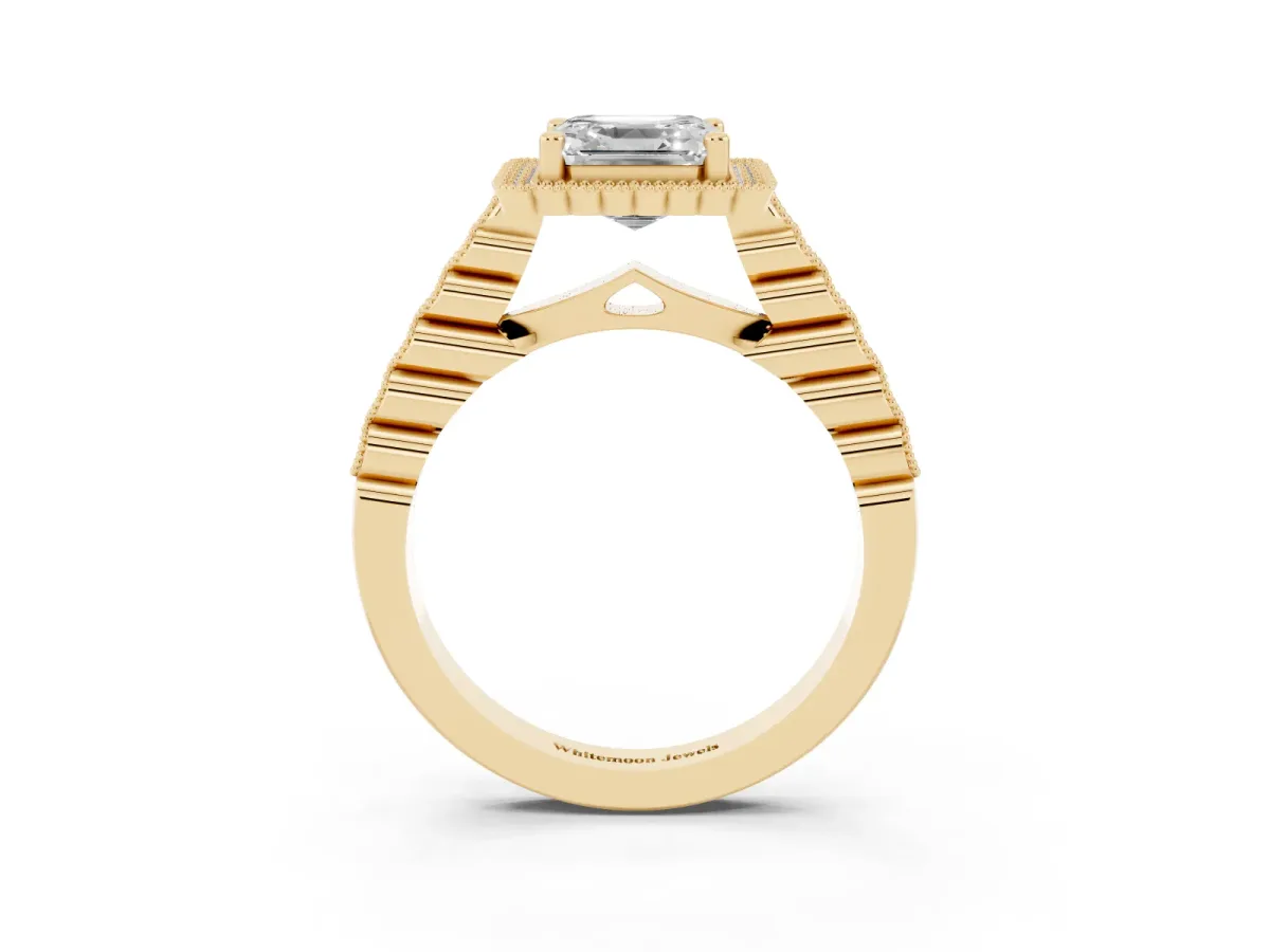 Asscher Cut Cut Halo Pavé Solitaire Ring with Milgrain Band Yellow gold