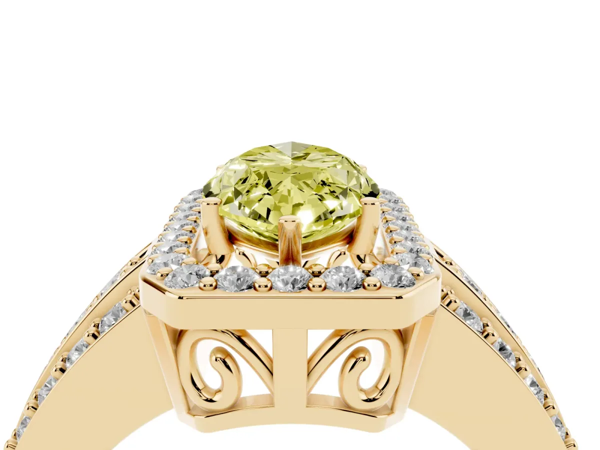 Fancy Yellow Marquise Cut Halo Diamond Ring with Round Split Shank and Prong Setting Yellow gold