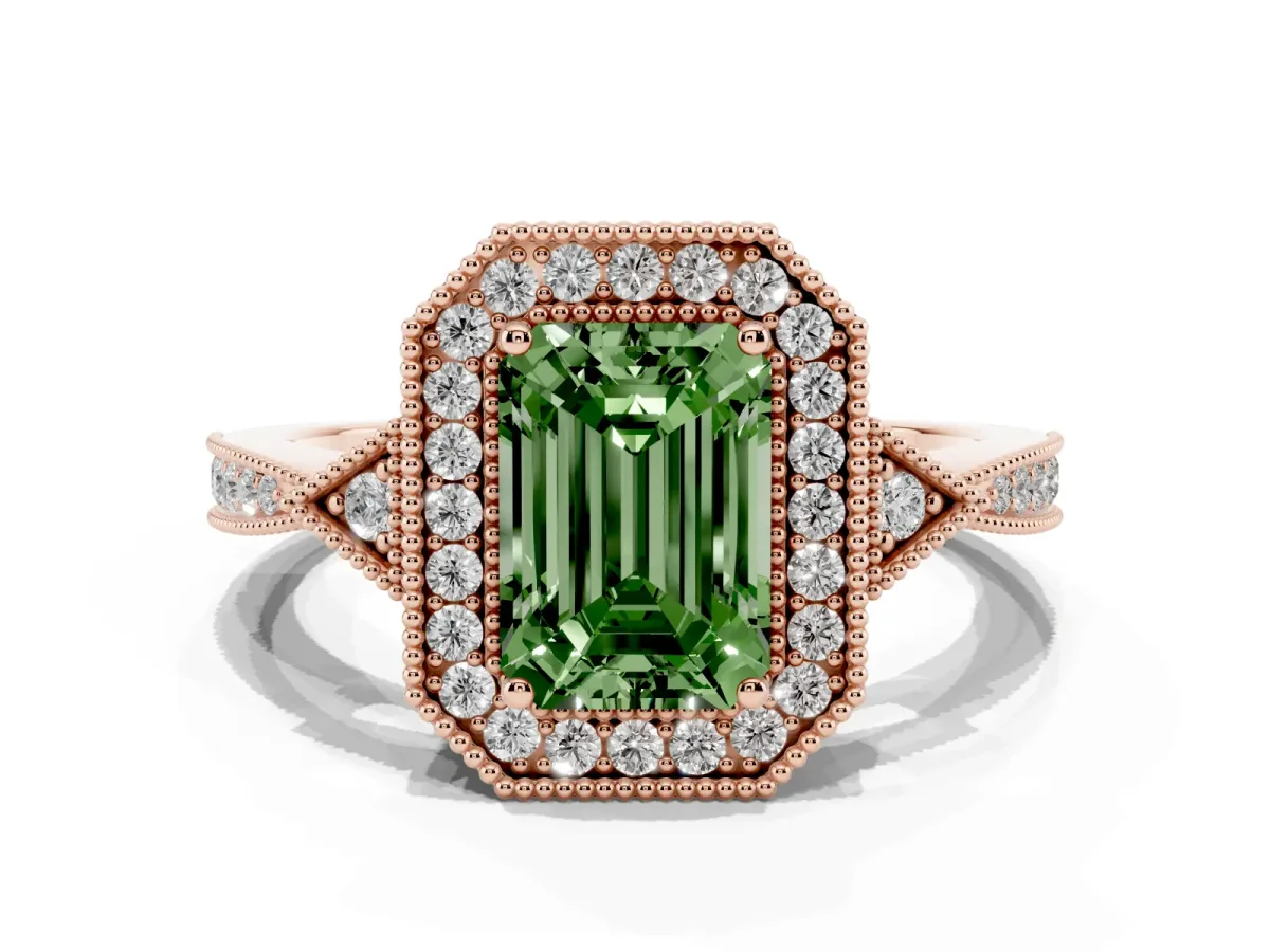 Fancy Green Emerald Cut Halo Round Diamond Milgrain Pave Engagement Ring Rose gold