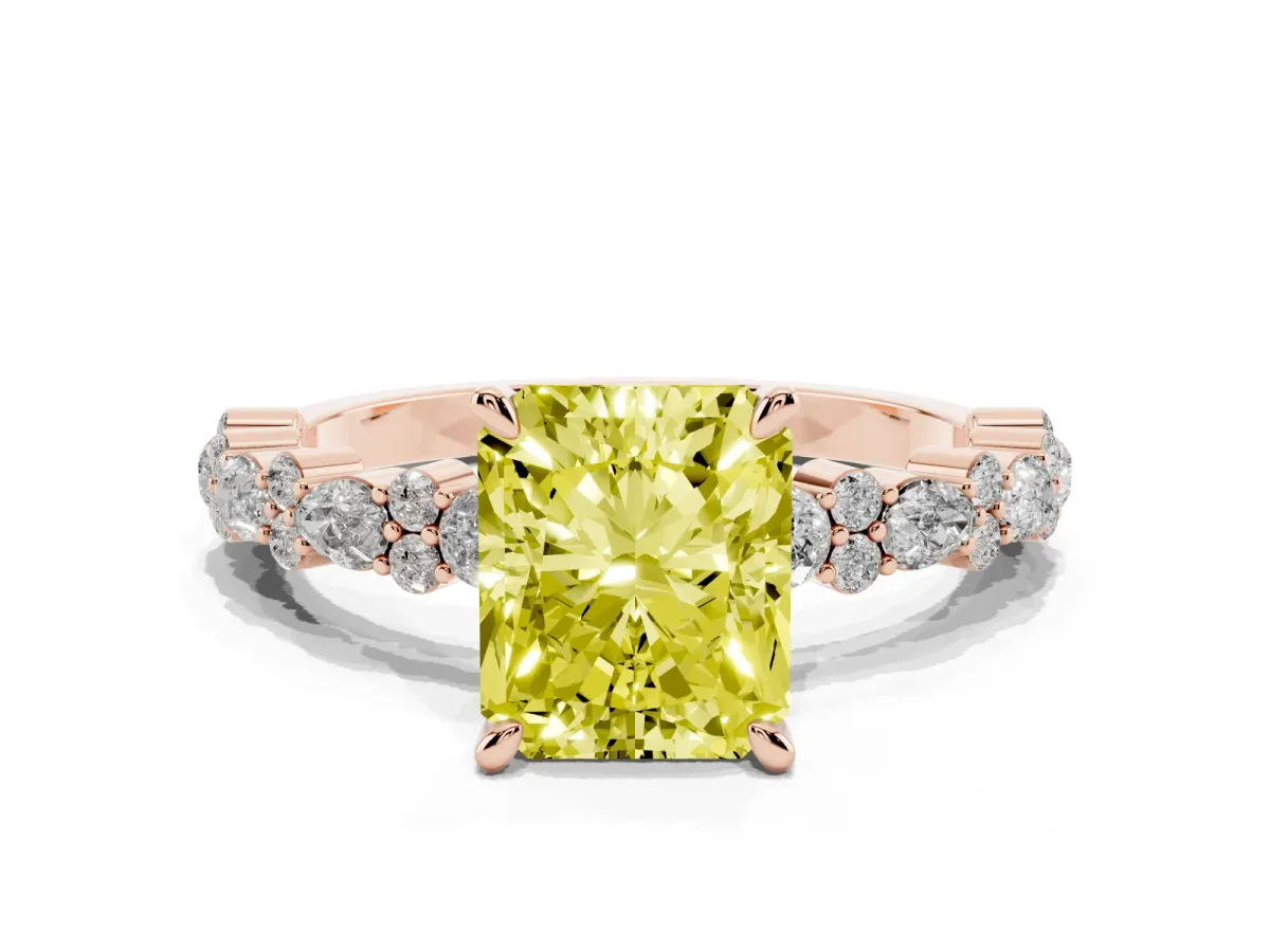 Fancy Yellow Radiant Cut Diamond Side Stone Solitaire Ring with Round and Four-Prong Setting Rose gold