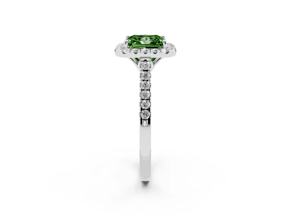 Fancy Green Princess Cut Halo Pavé Diamond Engagement Ring with Four-Prong Setting Silver