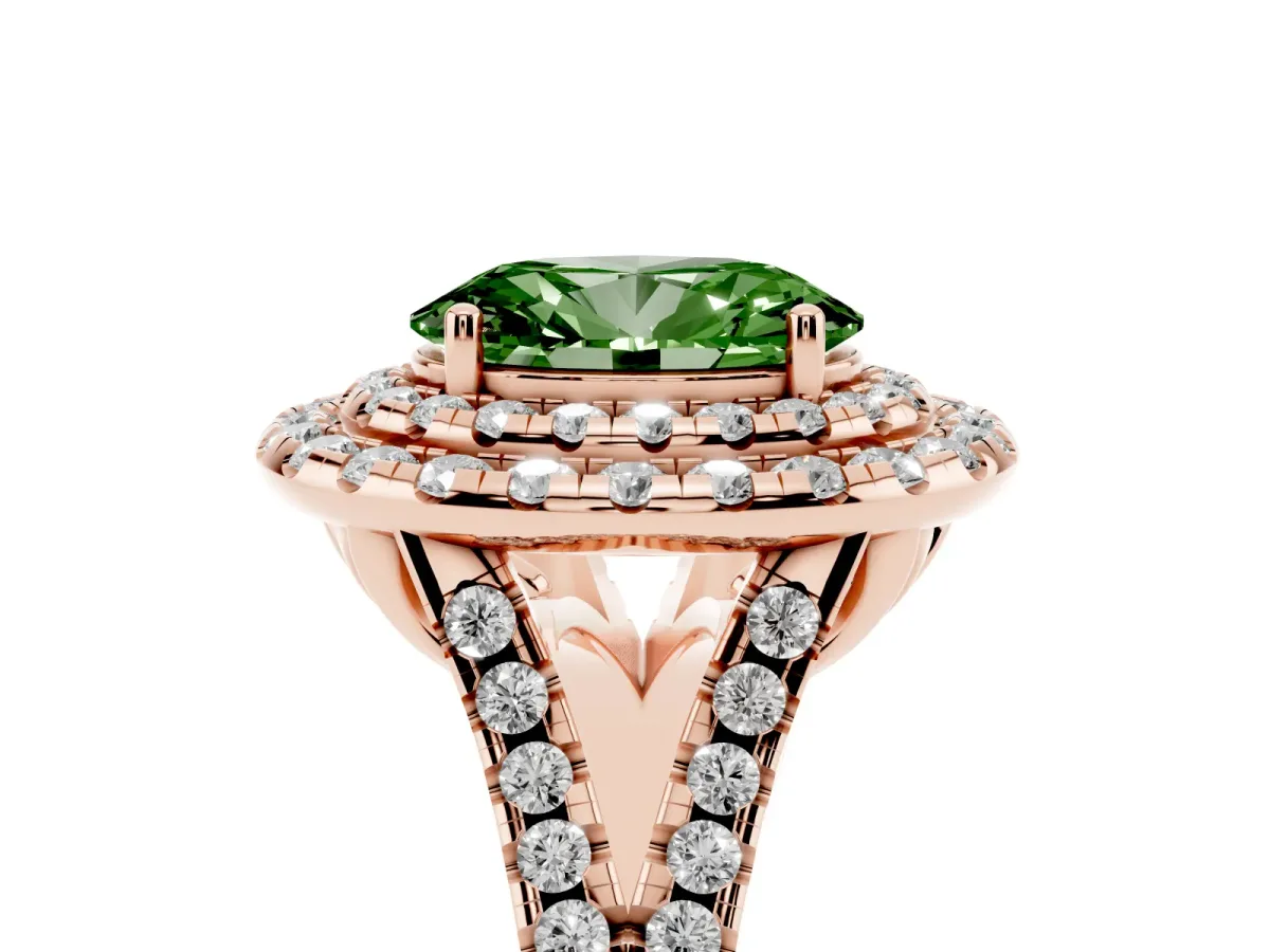 Fancy Green Double Halo Oval Cut Diamond Pavé Split Shank Ring with Prong Setting Rose gold