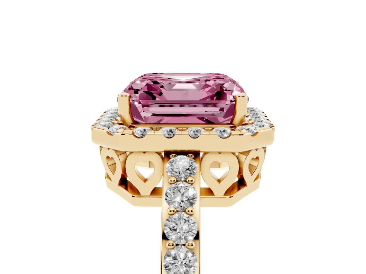 Fancy Pink Asscher Cut Halo Diamond Pavé Band Ring with Prong Setting Yellow gold