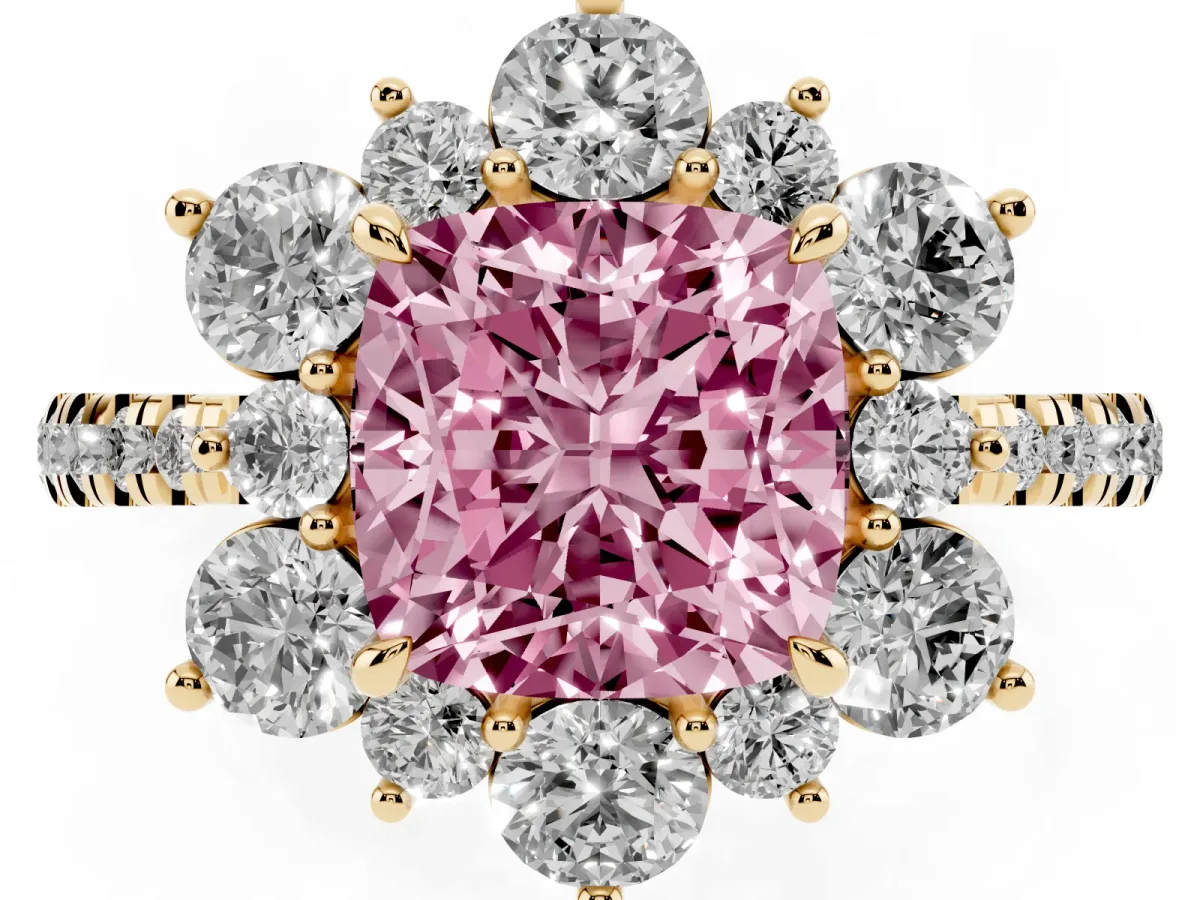 Fancy Pink Cushion Cut Diamond Floral Halo Ring with Round Pavé Band and Prong Setting Yellow gold