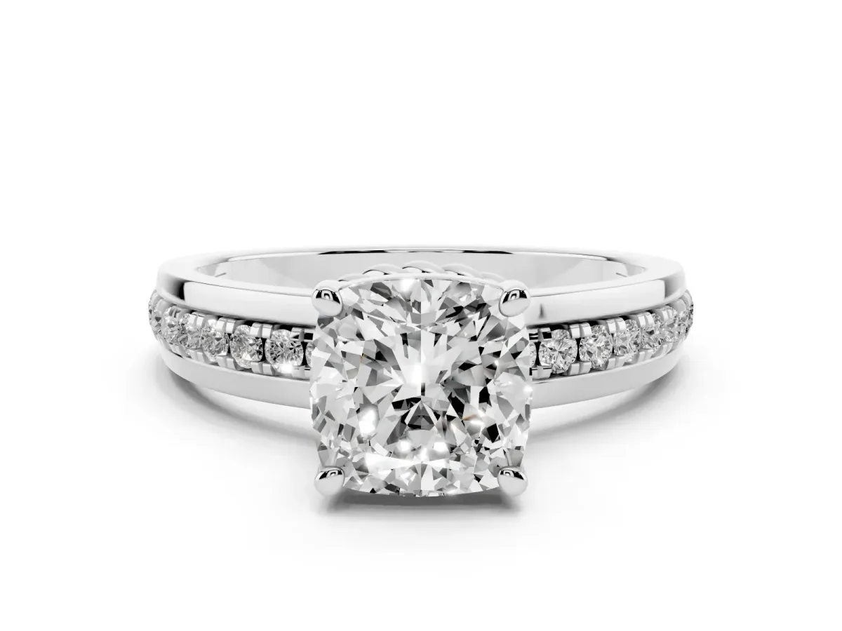 Cushion Cut Solitaire Diamond Ring with Channel Set Band and Six-Prong Setting Silver