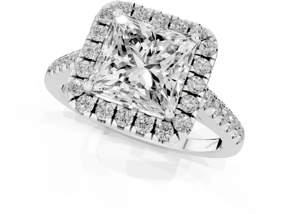 Princess Cut Halo Pavé Diamond Engagement Ring with Four-Prong Setting Silver