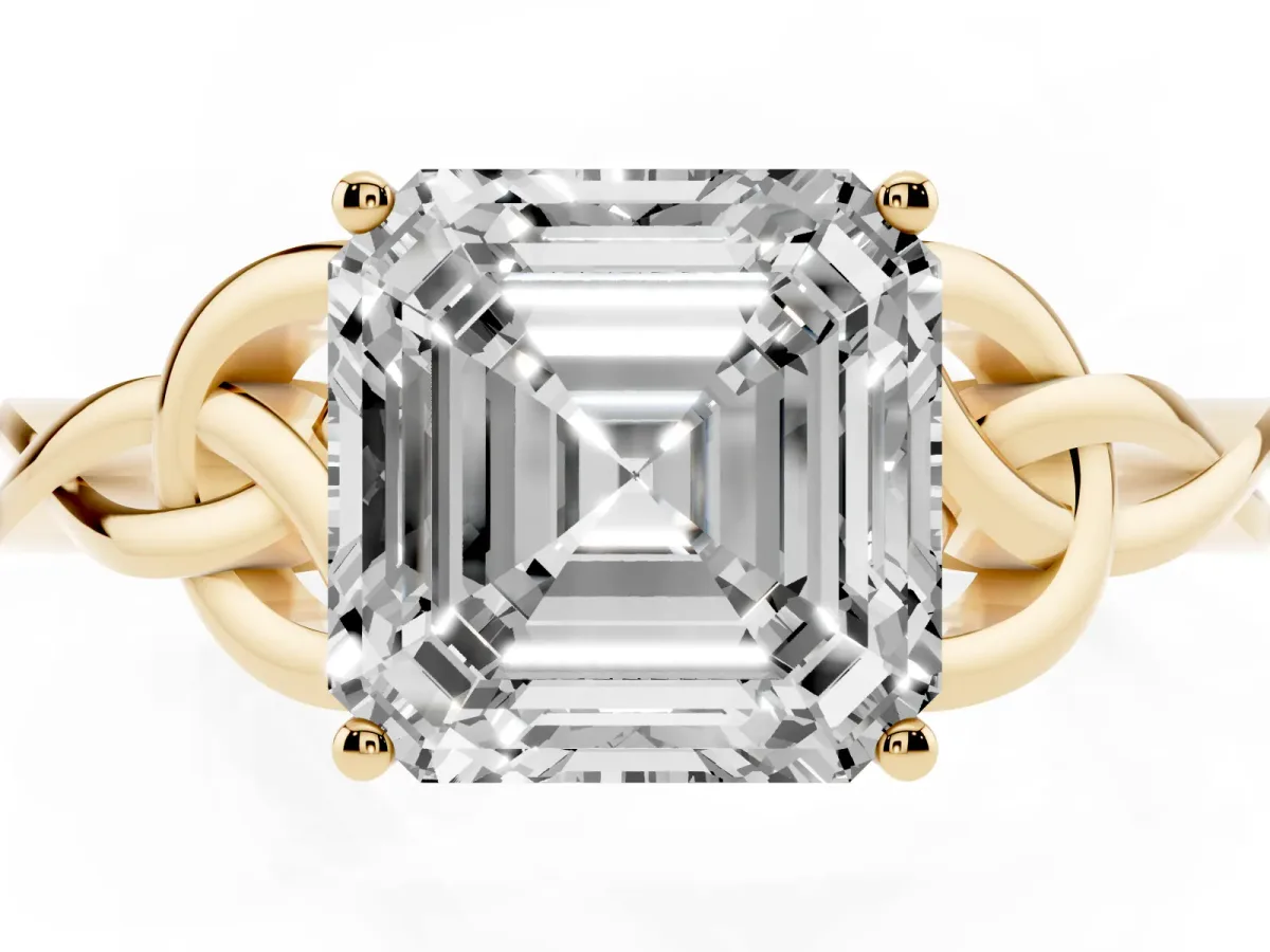 Asscher Cut Diamond Solitaire Engagement Ring with Celtic Knot Band and Four-Prong Setting Yellow gold