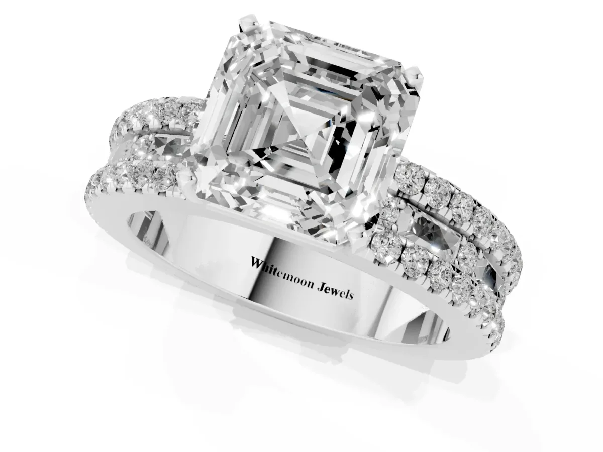 Asscher Cut Diamond Solitaire Ring with Pavé and Channel Set Band Silver