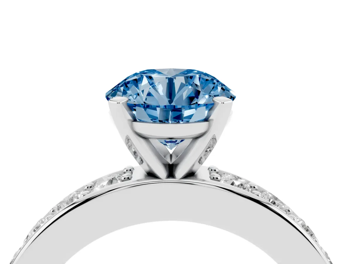 Fancy Blue Round Cut Diamond Engagement Ring with Channel Set Round Band and Prong Setting White gold