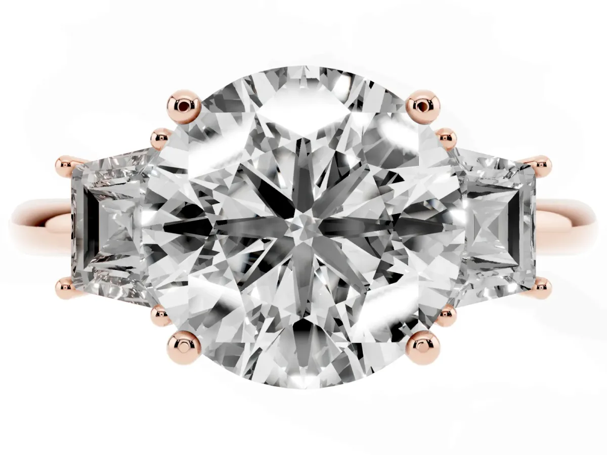 Round Cut Diamond Three-Stone Ring with Trapezoid Side Stones and Prong Setting Rose gold