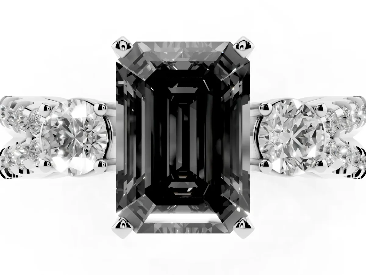 Fancy Black Emerald Cut Diamond Three-Stone Ring with Pavé Split Shank and Four-Prong Setting Platinum