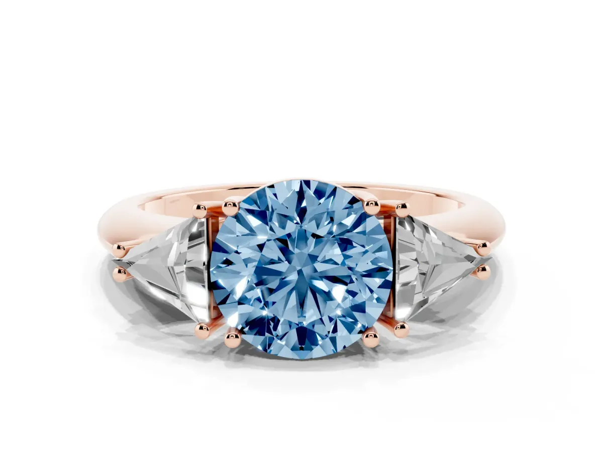 Fancy Blue Three-Stone Round Cut Diamond Engagement Ring with Trillion Side Stones and Prong Setting Rose gold