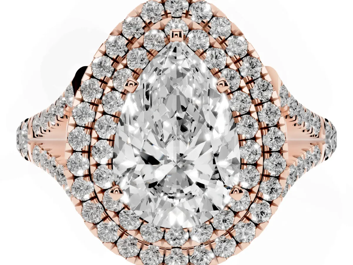 Pear Cut Diamond Pavé Split Shank Double Halo Engagement Ring Rose gold