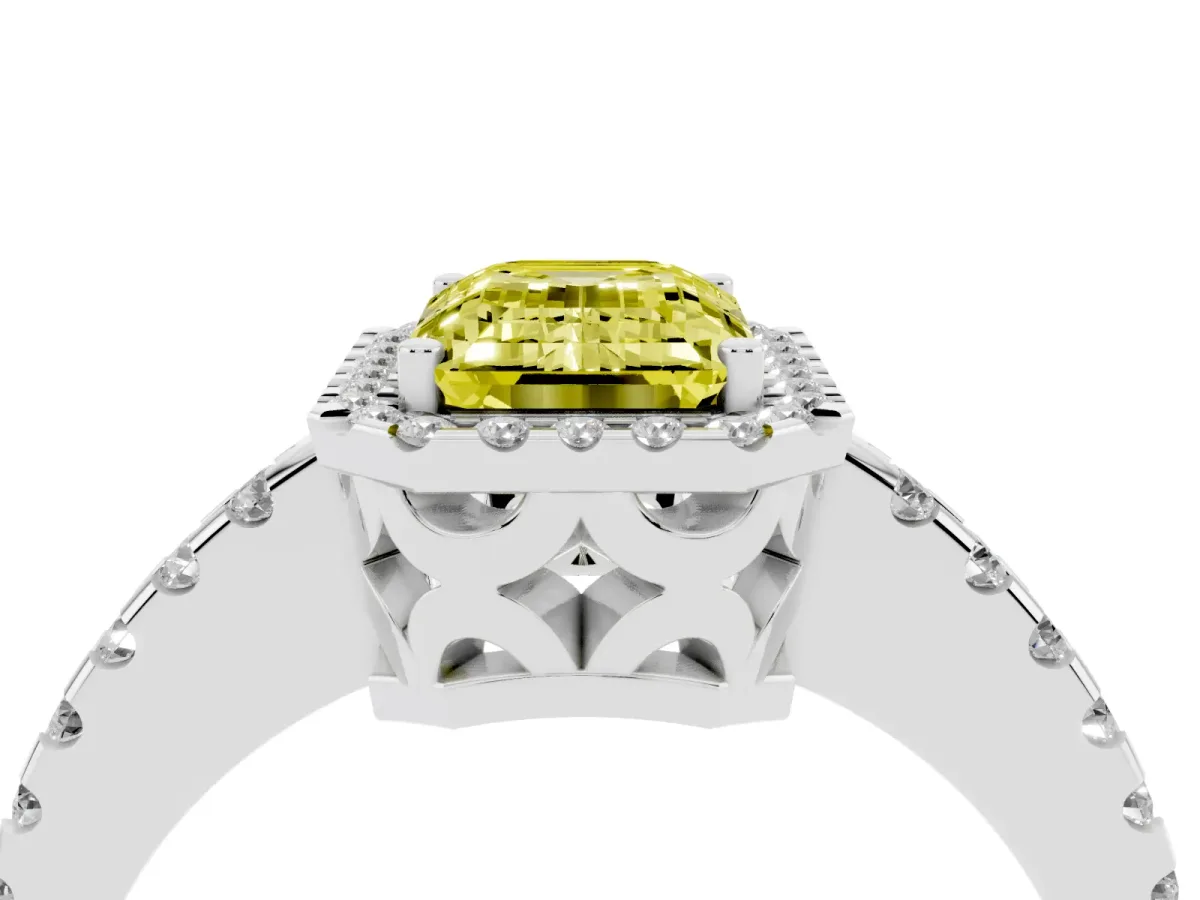 Fancy Yellow Emerald Cut Diamond Halo Engagement Ring with Pavé Band and Prong Setting Platinum
