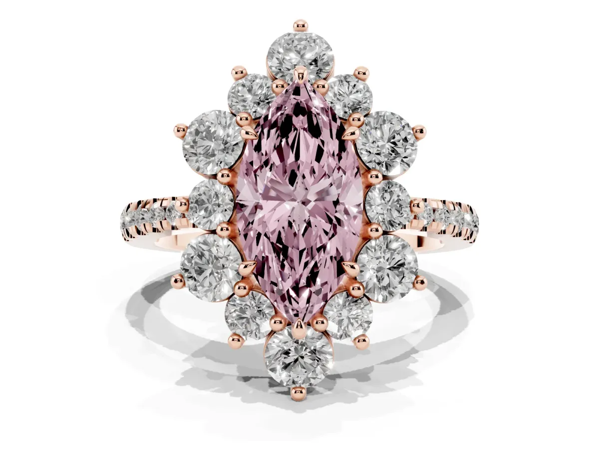 Fancy Pink Marquise Cut Diamond Floral Halo Ring with Round Pavé Band and Prong Setting Rose gold