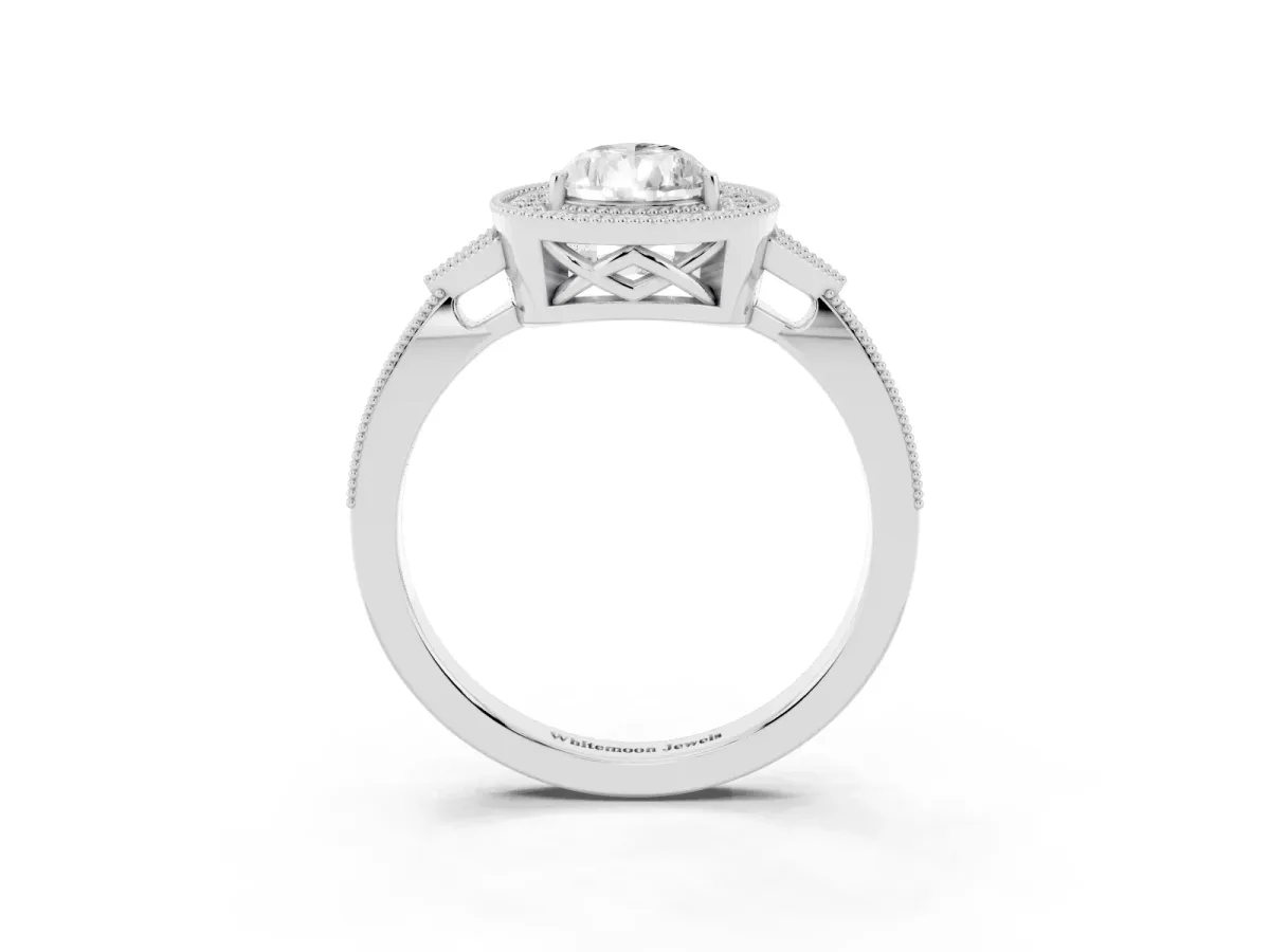 Pear Cut Halo Round Diamond Milgrain Pave Engagement Ring Silver