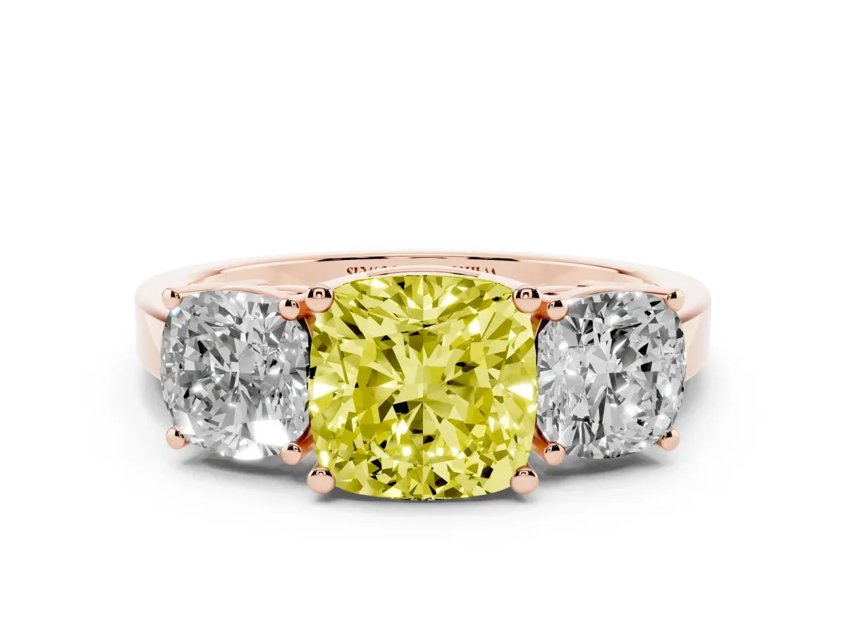 Fancy Yellow Three-Stone Cushion Cut Cut Diamond Engagement Ring with Flat Band and Four-Prong Setting Rose gold