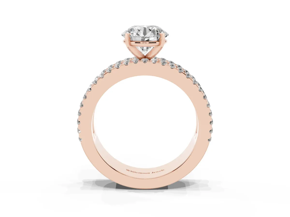 Round Cut Diamond Solitaire Ring with Pavé and Channel Set Band Rose gold