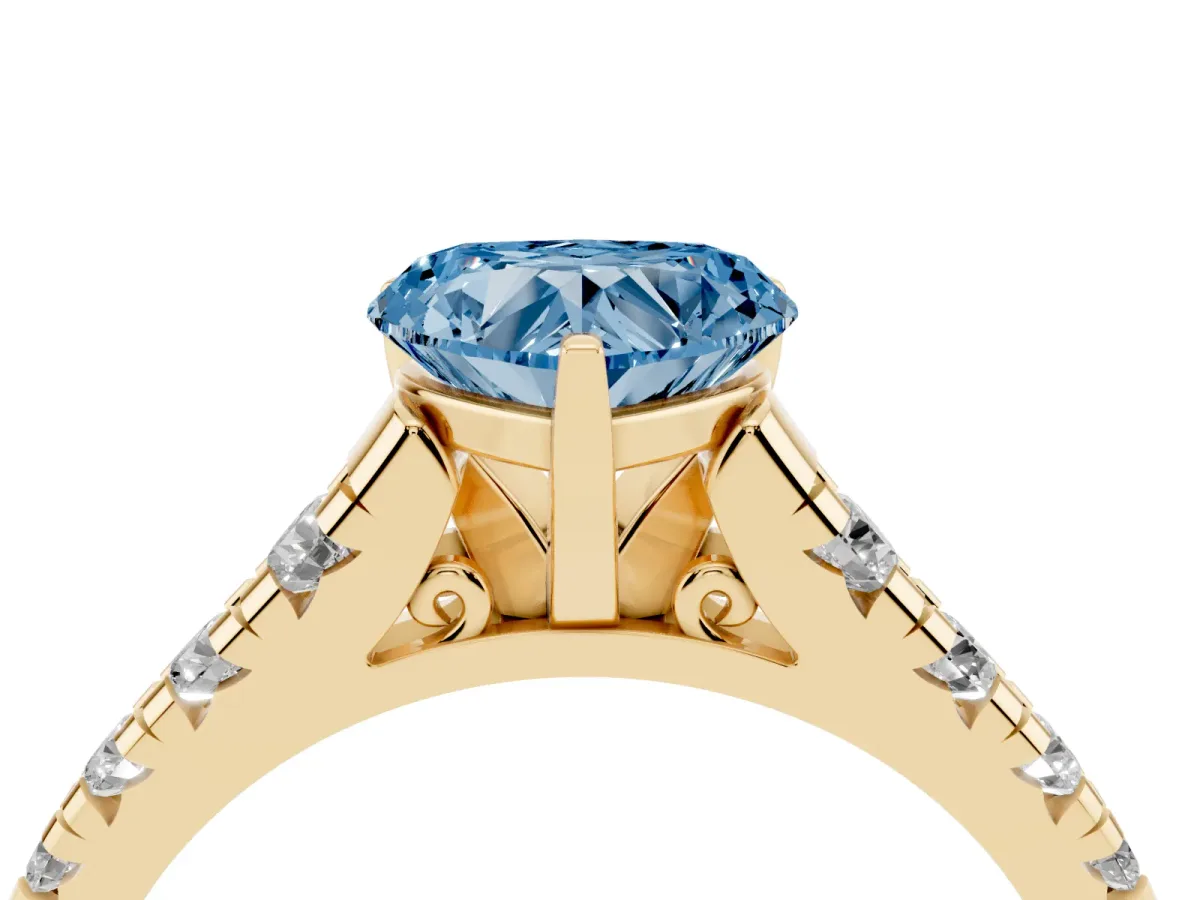 Fancy Blue Heart Cut Diamond Cathedral Solitaire Ring with Round Pavé Band Yellow gold